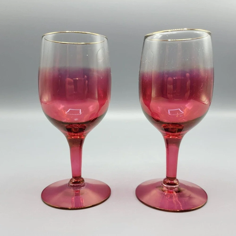 Vintage Set Of 2 MCM Cranberry Ombre Wine Glasses With Gold Rim Accent #2